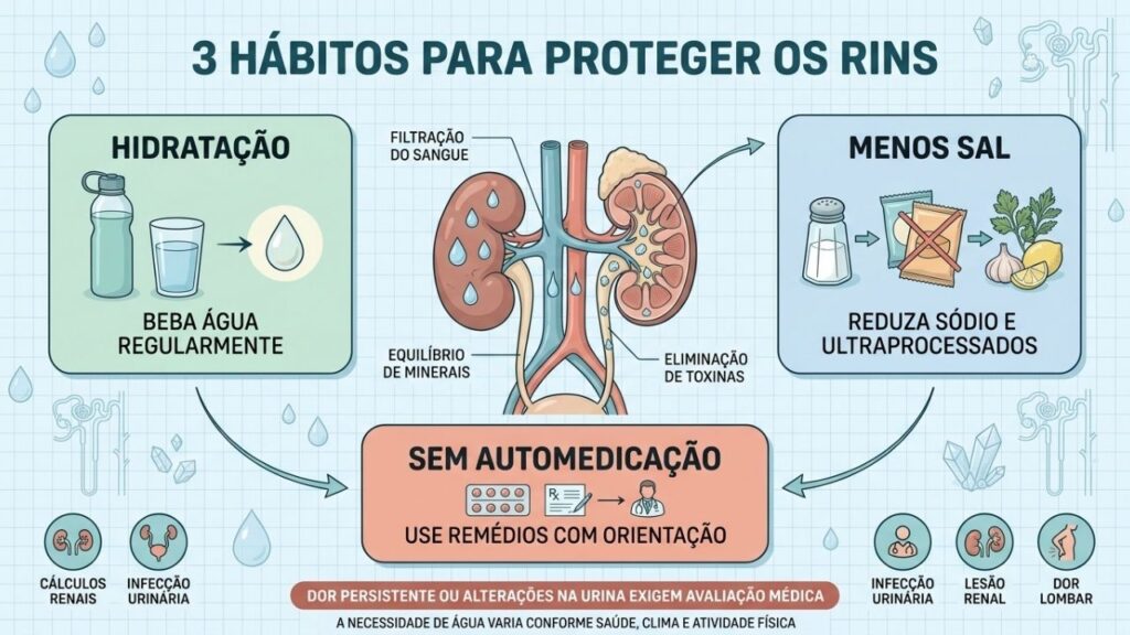 Hidratação, menos sal e uso responsável de medicamentos protegem os rins.