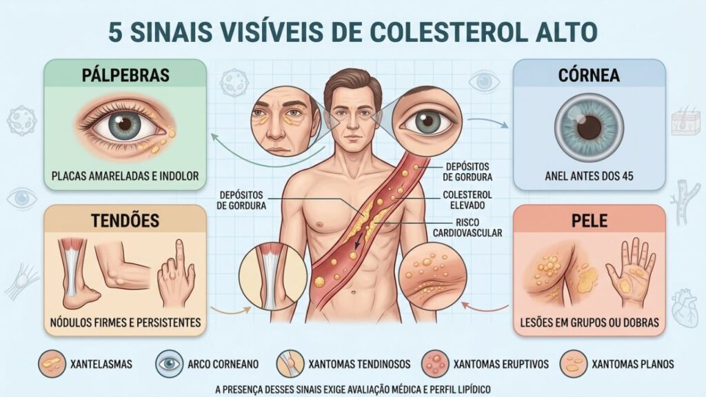 Pálpebras, córnea, tendões e pele podem apresentar depósitos associados ao colesterol.