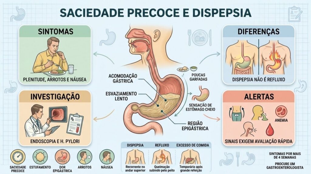 Sintomas, diferenças e sinais de alerta orientam a investigação da dispepsia.