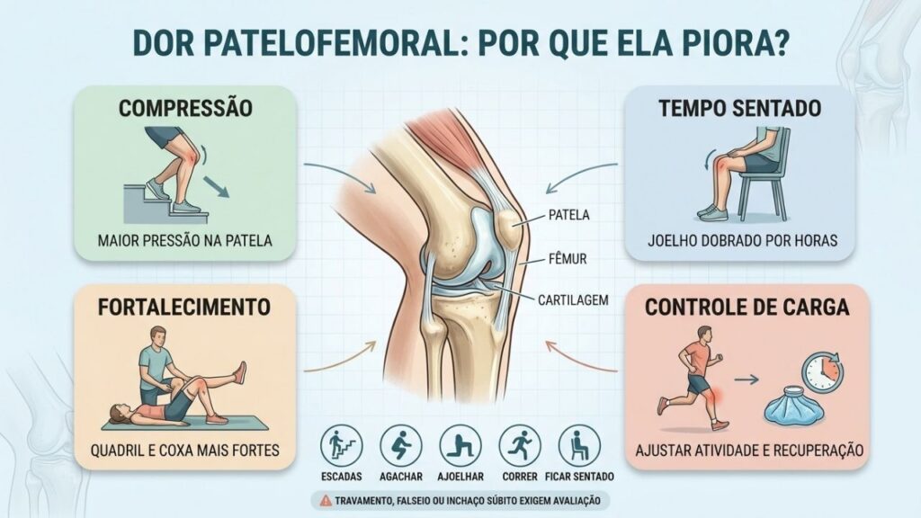 Compressão, tempo sentado, fortalecimento e controle de carga orientam o cuidado.