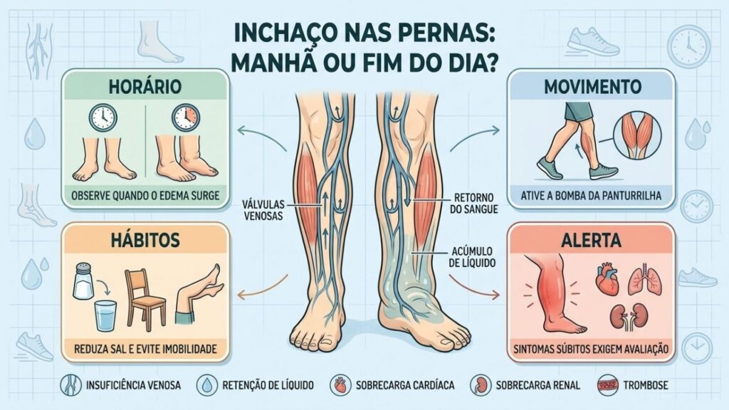 Horário, movimento, hábitos e sinais de alerta orientam a investigação do inchaço.