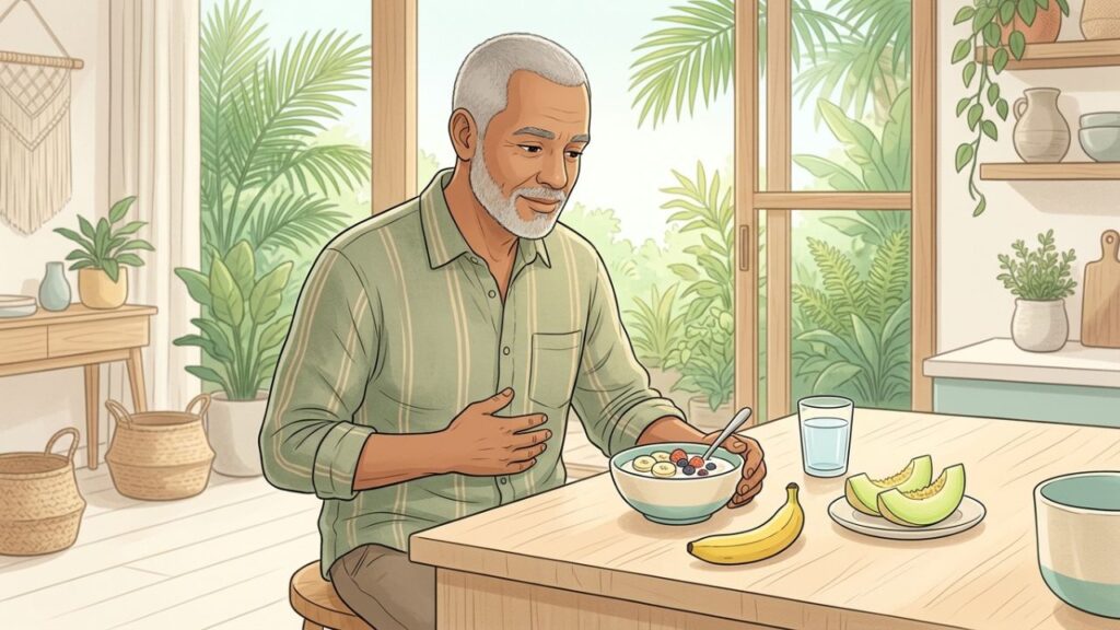 Banana, iogurte leve e alimentos aquosos ajudam no conforto digestivo.