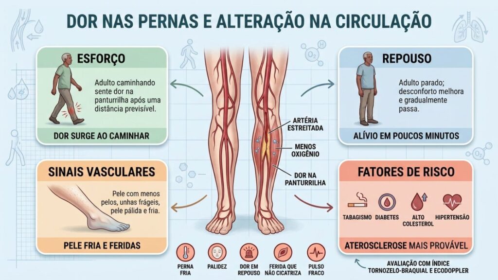 Esforço, alívio no repouso, sinais vasculares e riscos indicam circulação comprometida.