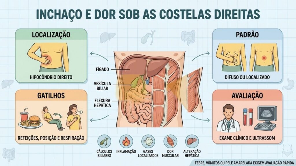Localização, padrão, gatilhos e exames ajudam a investigar a dor abdominal direita.