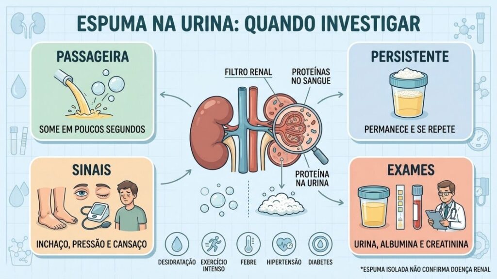 Duração da espuma, sintomas associados e exames orientam a investigação renal.