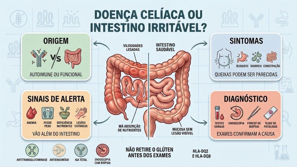 Origem, sinais de alerta e exames diferenciam doença celíaca de intestino irritável.