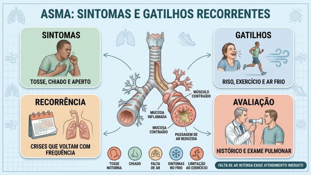 Sintomas, gatilhos, recorrência e avaliação ajudam a reconhecer possíveis sinais de asma.
