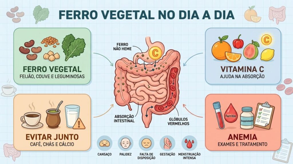 Vitamina C melhora o aproveitamento do ferro vegetal nas refeições.