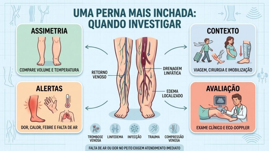 Assimetria, contexto, sinais de alerta e Doppler orientam a investigação da perna inchada.