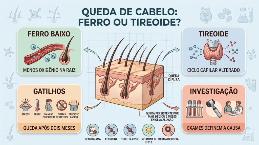 Ferro, tireoide, gatilhos recentes e exames orientam a investigação da queda.