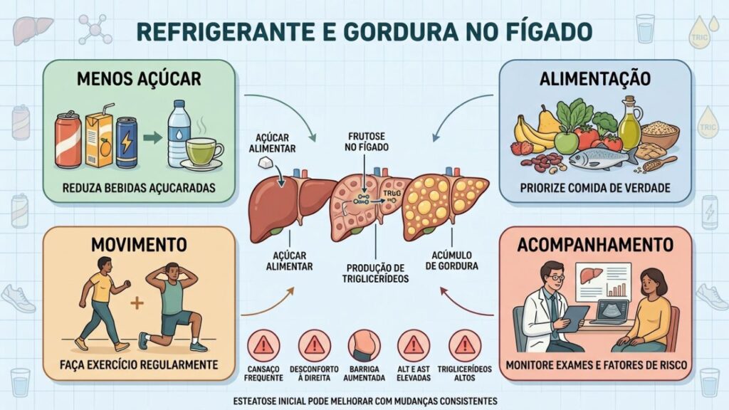 Menos açúcar, alimentação adequada, exercício e acompanhamento ajudam a reverter a esteatose.