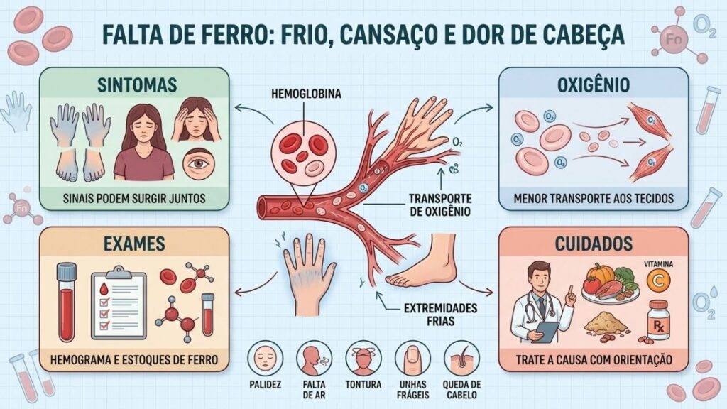 Sintomas, oxigenação, exames e cuidados orientam a investigação da deficiência de ferro.
