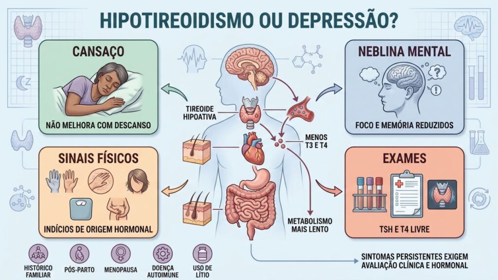 Cansaço, neblina mental, sinais físicos e exames orientam o diagnóstico diferencial.