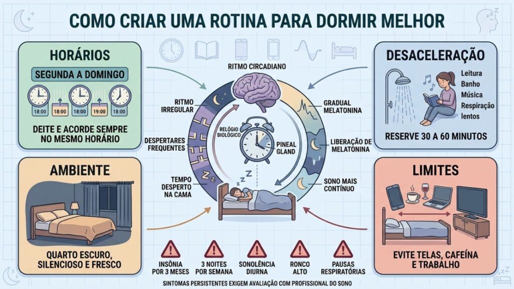 Horários, desaceleração, ambiente adequado e limites noturnos favorecem um sono restaurador.