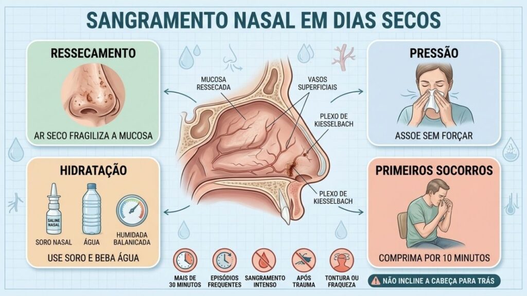 Ressecamento, pressão, hidratação e compressão orientam o cuidado com a epistaxe.