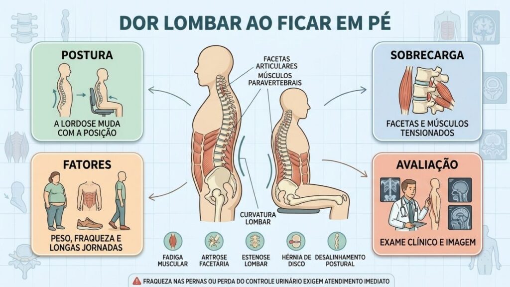 Postura, sobrecarga, fatores associados e exames orientam a investigação da dor lombar.