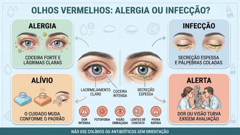 Coceira, secreção, cuidados e sinais de alerta diferenciam os principais quadros oculares.