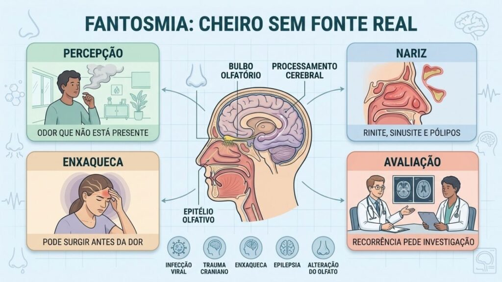 Nariz, enxaqueca, sistema nervoso e sinais de alerta orientam a investigação.