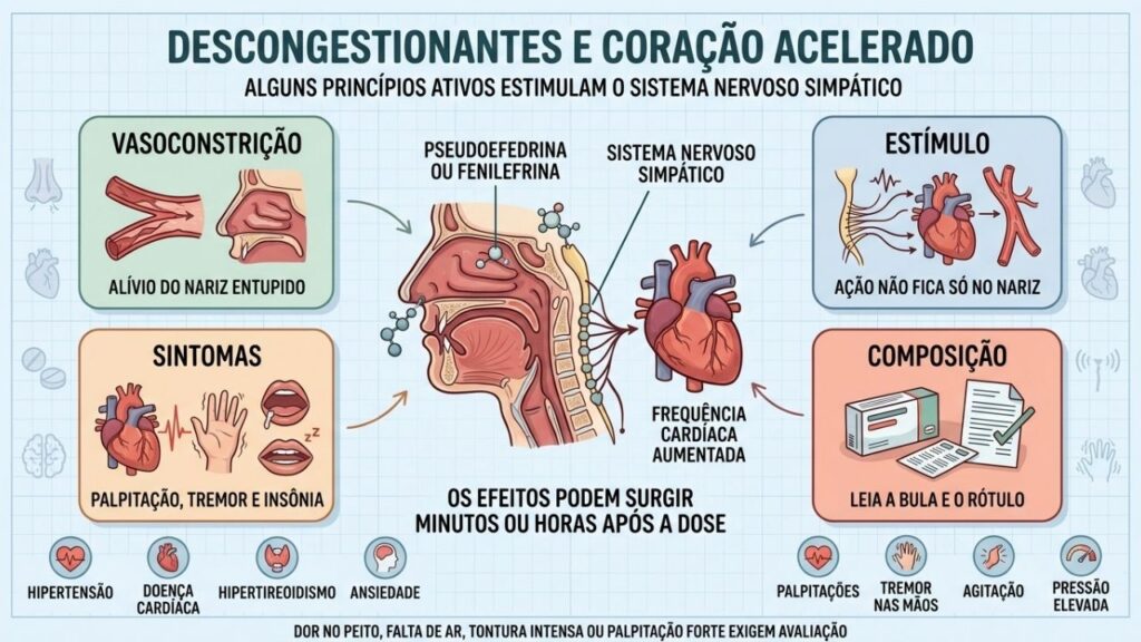 Vasoconstrição, estímulo, sintomas e composição explicam as reações aos descongestionantes.