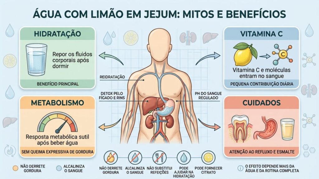 Hidratação e vitamina C são reais; detox e queima rápida são mitos.