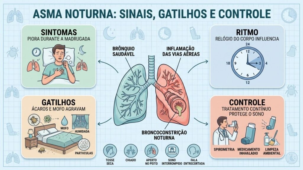 Sintomas, ritmo circadiano, gatilhos ambientais e tratamento explicam a asma noturna.