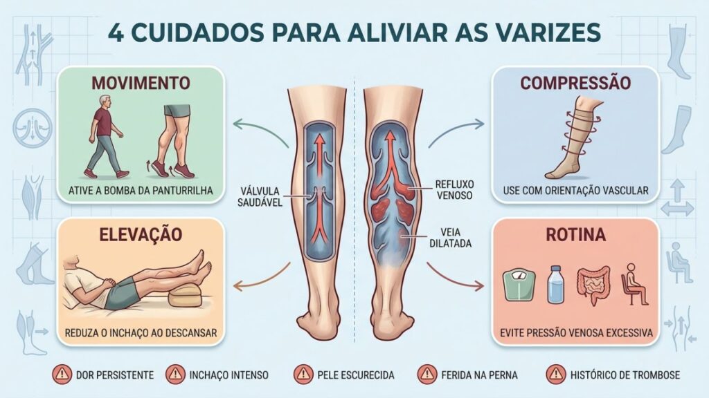 Movimento, compressão, elevação e rotina saudável favorecem o retorno venoso.