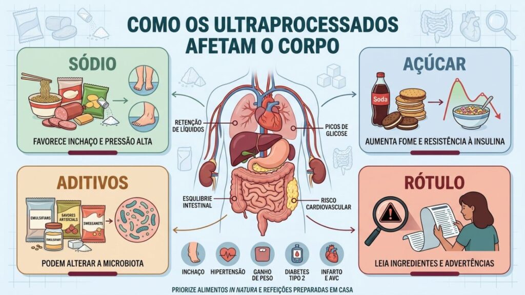 Sódio, açúcar, aditivos e rótulos explicam os riscos dos ultraprocessados.