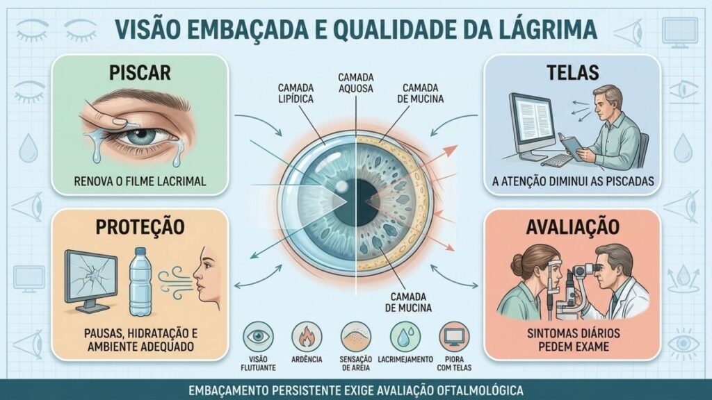 Piscar, reduzir telas e proteger a lágrima ajudam a estabilizar a visão.