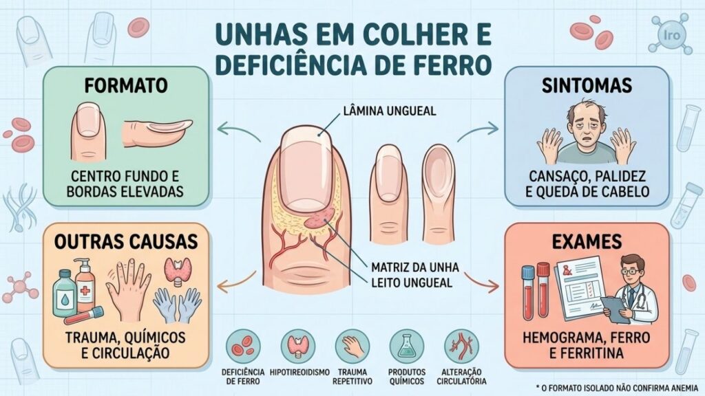 Formato, sintomas, outras causas e exames orientam a investigação da coiloniquia.