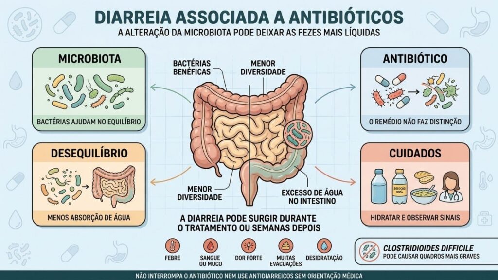 O desequilíbrio da microbiota pode causar diarreia durante ou após o tratamento.