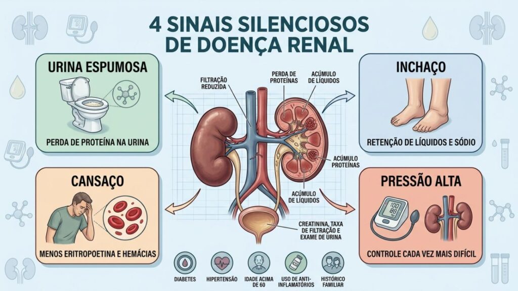 Urina espumosa, inchaço, cansaço e pressão alta podem indicar lesão renal.