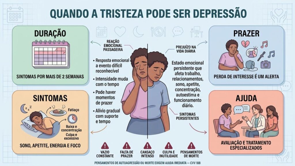 Duração, perda de prazer, sintomas e prejuízo diário ajudam a reconhecer depressão.