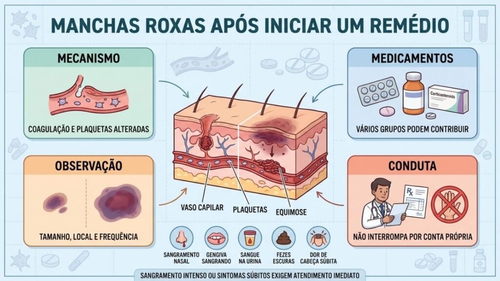 Mecanismo, medicamentos, padrão das manchas e conduta orientam a avaliação do sangramento.