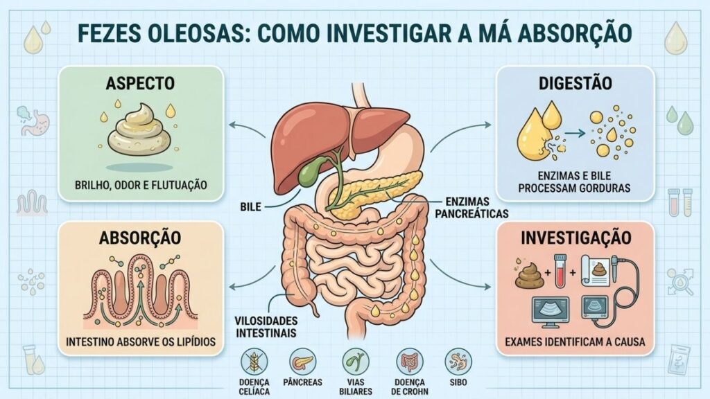 Digestão, absorção, aparência das fezes e exames orientam a investigação.