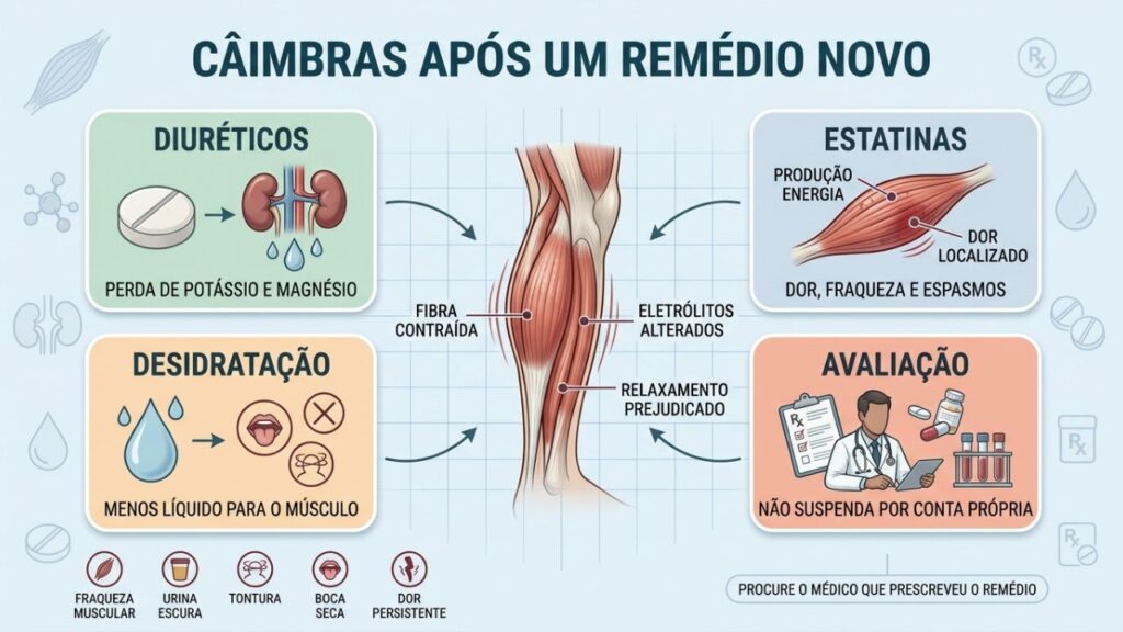 Diuréticos, estatinas, desidratação e eletrólitos alterados podem favorecer câimbras.