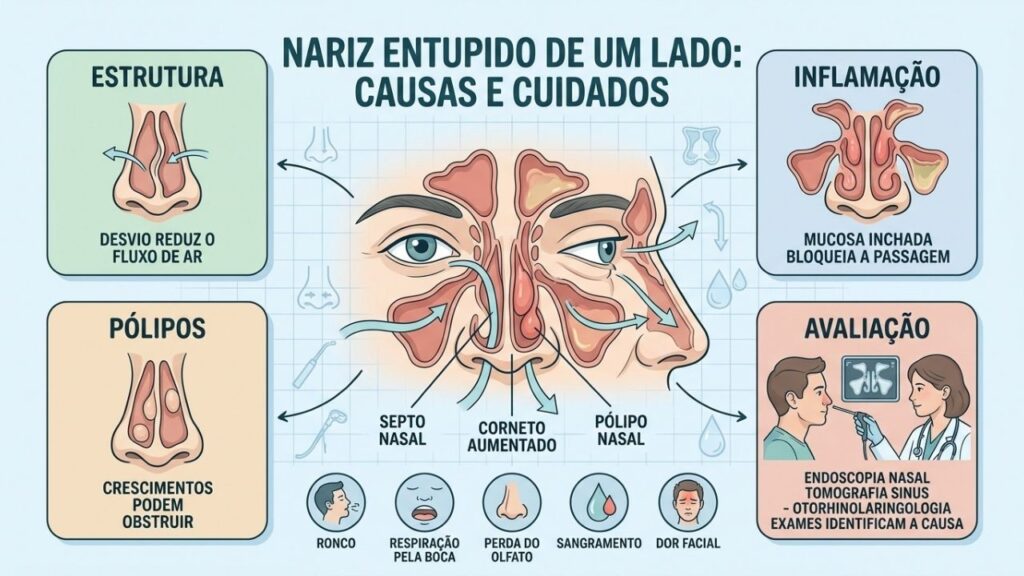 Desvio, inflamação, pólipos e exames explicam a obstrução nasal unilateral persistente.