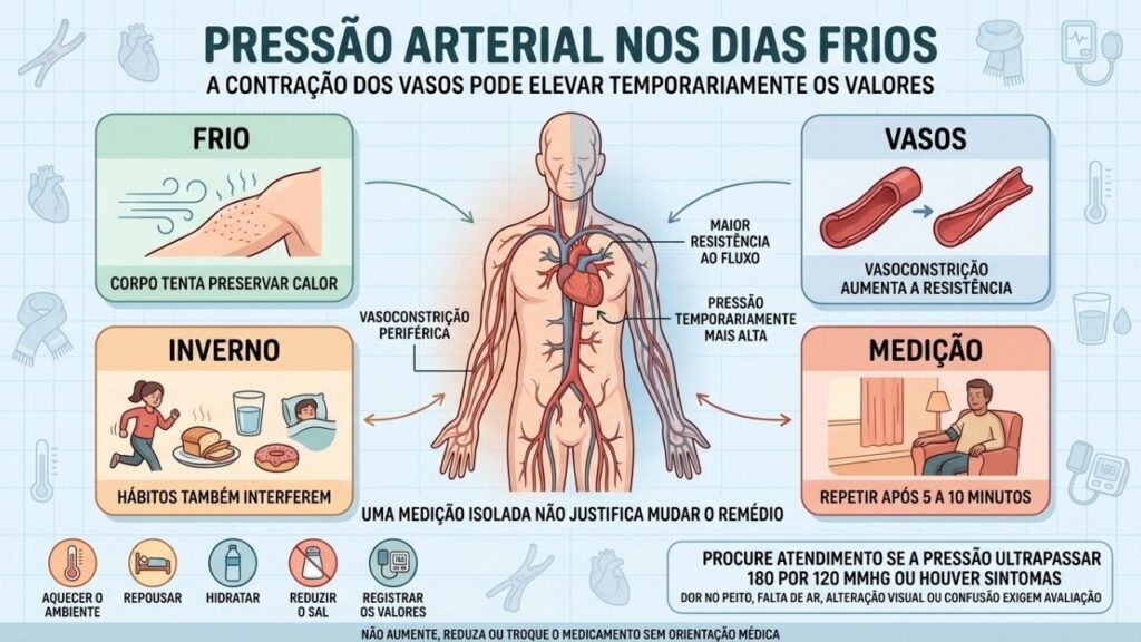 Frio, vasoconstrição, hábitos e medição explicam a pressão mais alta.
