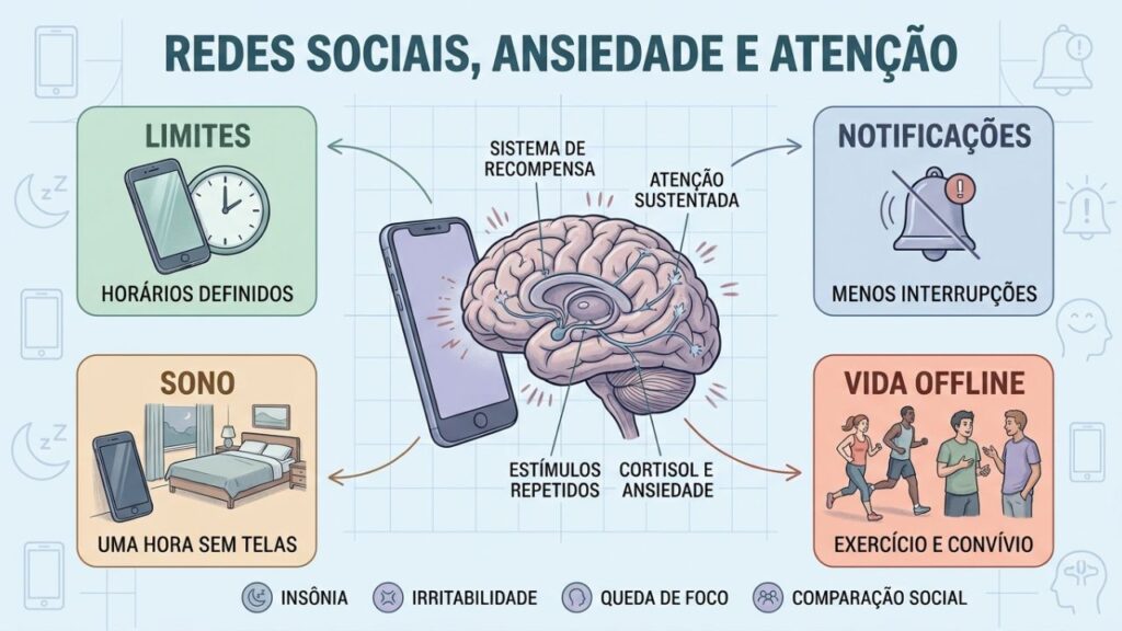 Limites, menos notificações, sono protegido e vida offline preservam o equilíbrio mental.