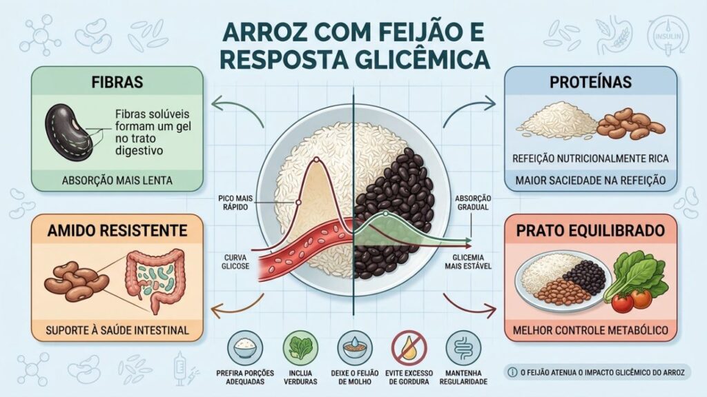 Fibras, proteínas e amido resistente reduzem o impacto glicêmico da refeição.