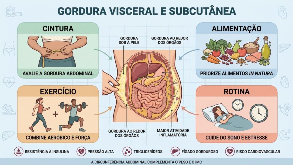 Cintura, alimentação, exercício e sono ajudam a reduzir gordura visceral.