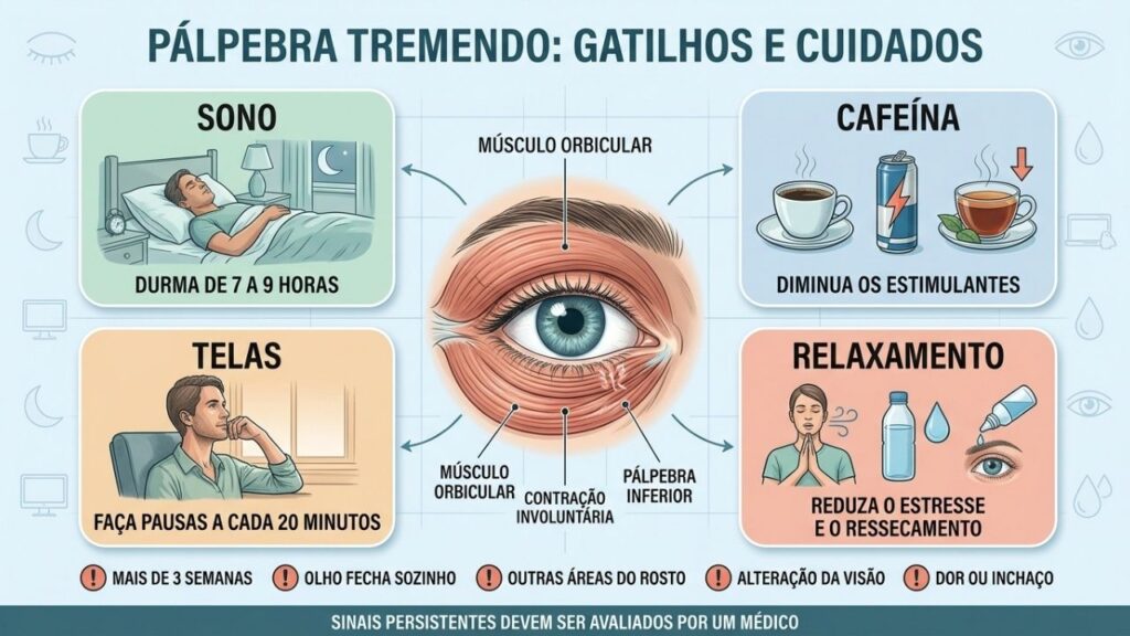 Sono, cafeína, telas e estresse influenciam os episódios de mioquimia palpebral.