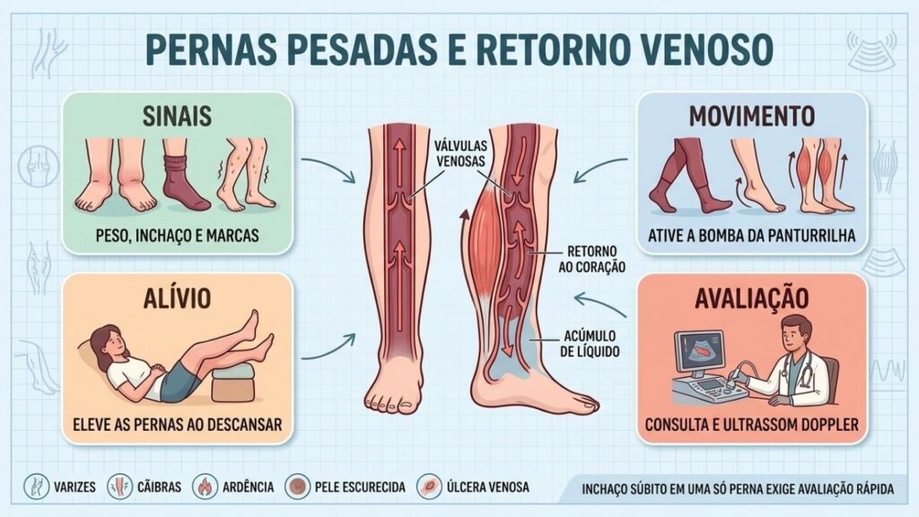 Sinais, movimento, elevação e Doppler orientam o cuidado com a circulação venosa.