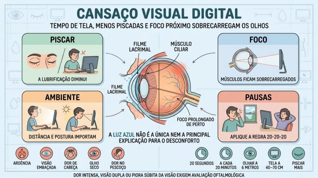 Piscar, foco, ambiente e pausas ajudam a prevenir o cansaço visual digital.