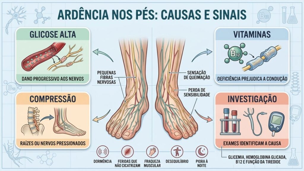 Glicose, vitaminas, compressões nervosas e exames orientam a investigação da ardência.