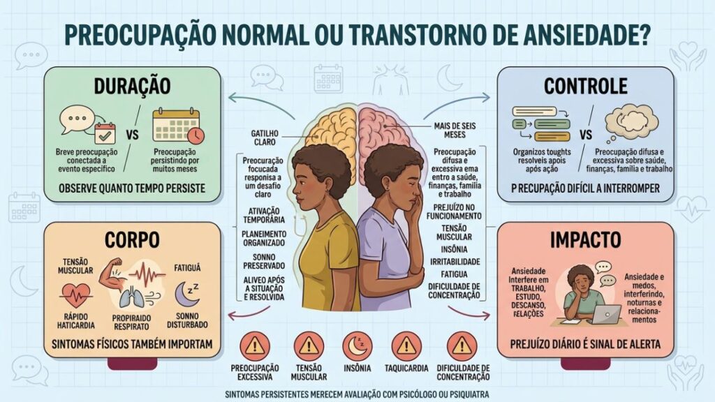 Duração, controle, sintomas físicos e impacto diferenciam preocupação normal de ansiedade.