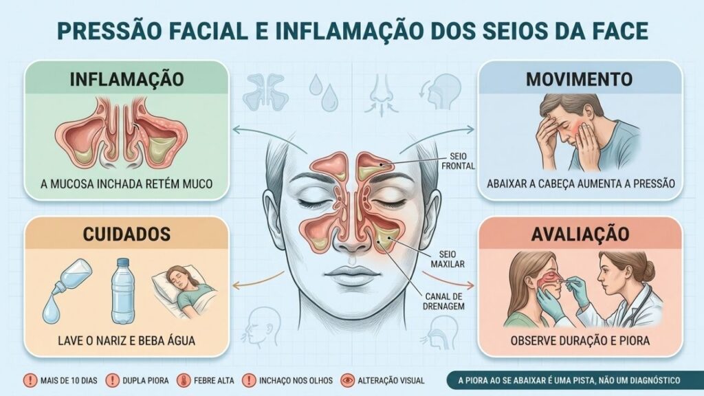 Inflamação, retenção de muco, posição da cabeça e duração orientam a avaliação.