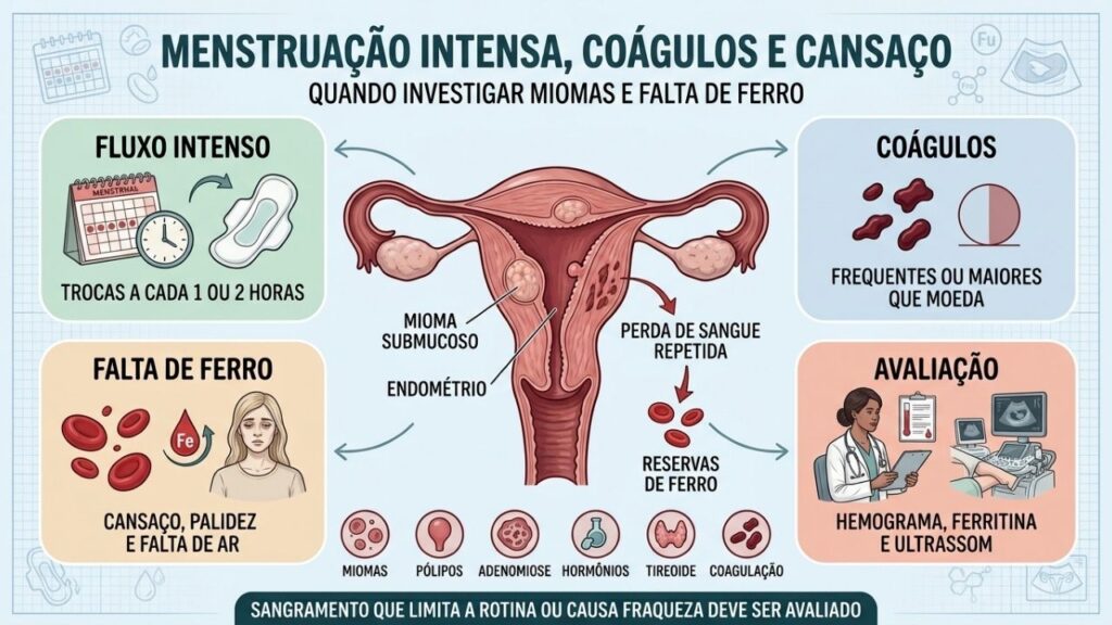 Volume, coágulos, deficiência de ferro e exames orientam a investigação.