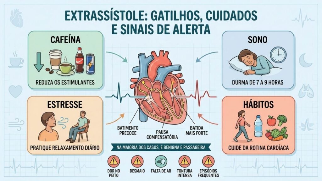 Cafeína, sono, estresse e hábitos influenciam episódios de extrassístole.