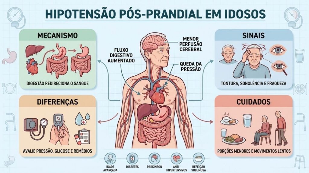 Mecanismo, sintomas, diferenças e cuidados explicam a hipotensão após as refeições.