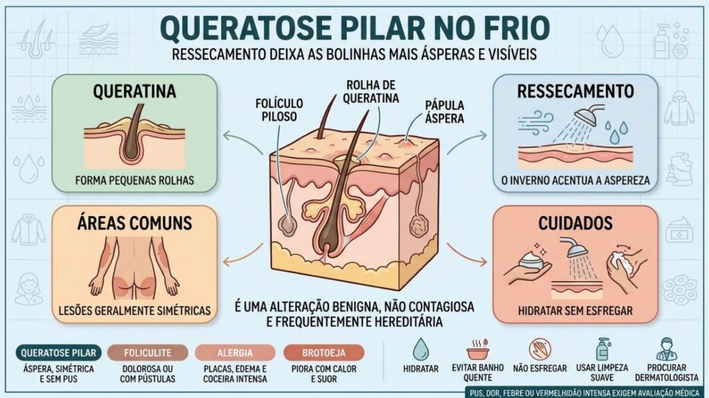 Queratina, ressecamento, distribuição e hidratação explicam o aspecto de pele áspera.